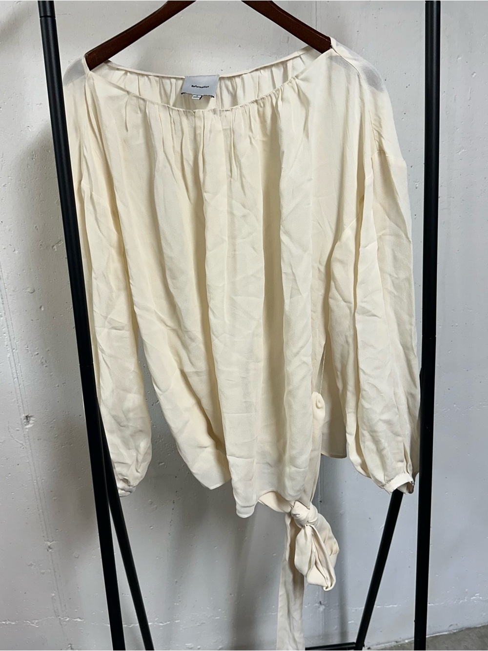 Reformation Cream Long Sleeve Tie-Hem Blouse
